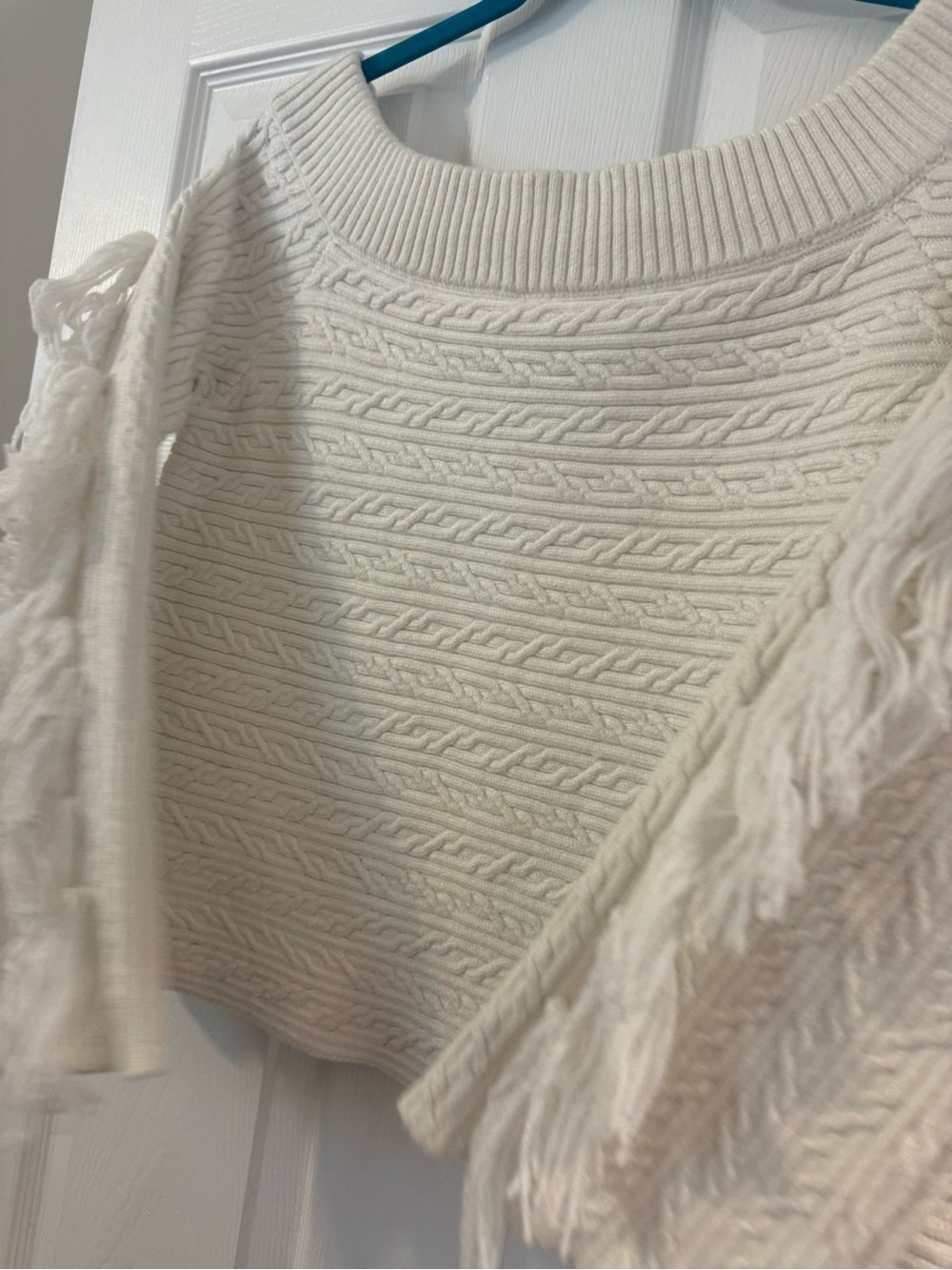 RACHEL Rachel Roy Cream Cable-Knit Fringe Crewneck Sweater